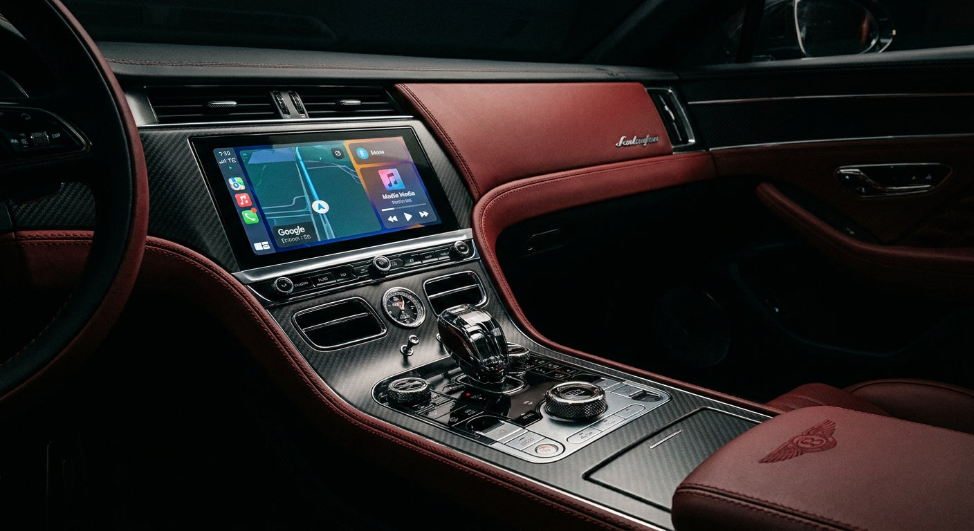 Close-up of a luxury supercar's illuminated infotainment screen surrounded by premium leather and carbon fiber interior details.